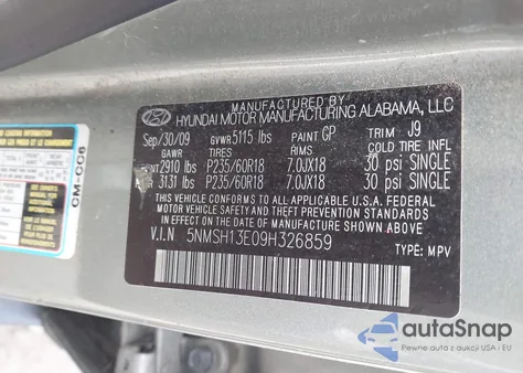 2009 Hyundai Santa Fe Limited z USA, uszkodzony, nr VIN 5NMSH13E09H326859